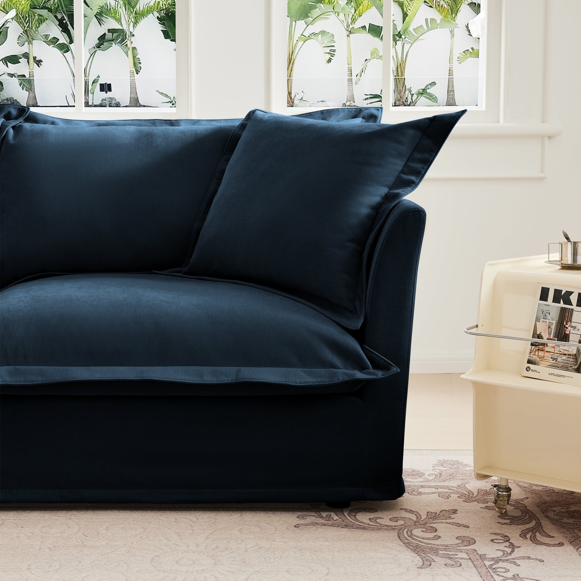 Slipcovered Sofa 2 Seater Sofa    With 2 Ottomans, 2 Seater Sleeper Sofa Bed Home Theater Oversized Sofa For Living Room, Chenille, Blue
