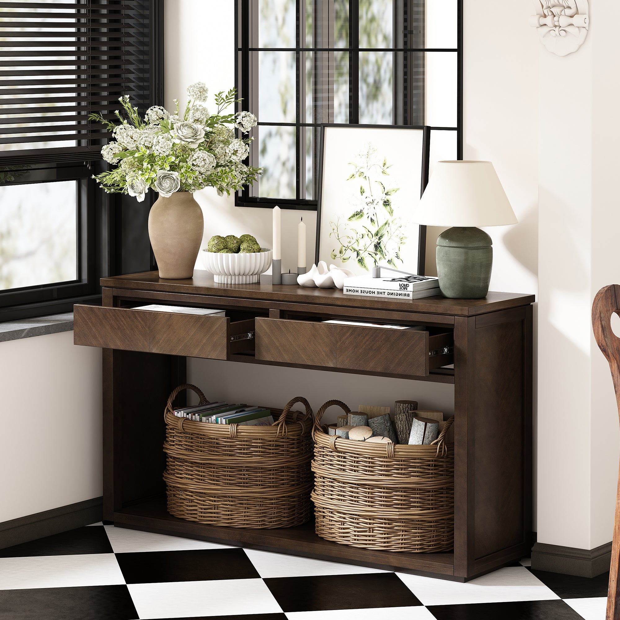 TREXM 55' Console Table, Rustic Wooden Entryway Table with Storage Drawers and Open Shelf, Elegant Sofa Table for Hallway and Living Room (Brown)