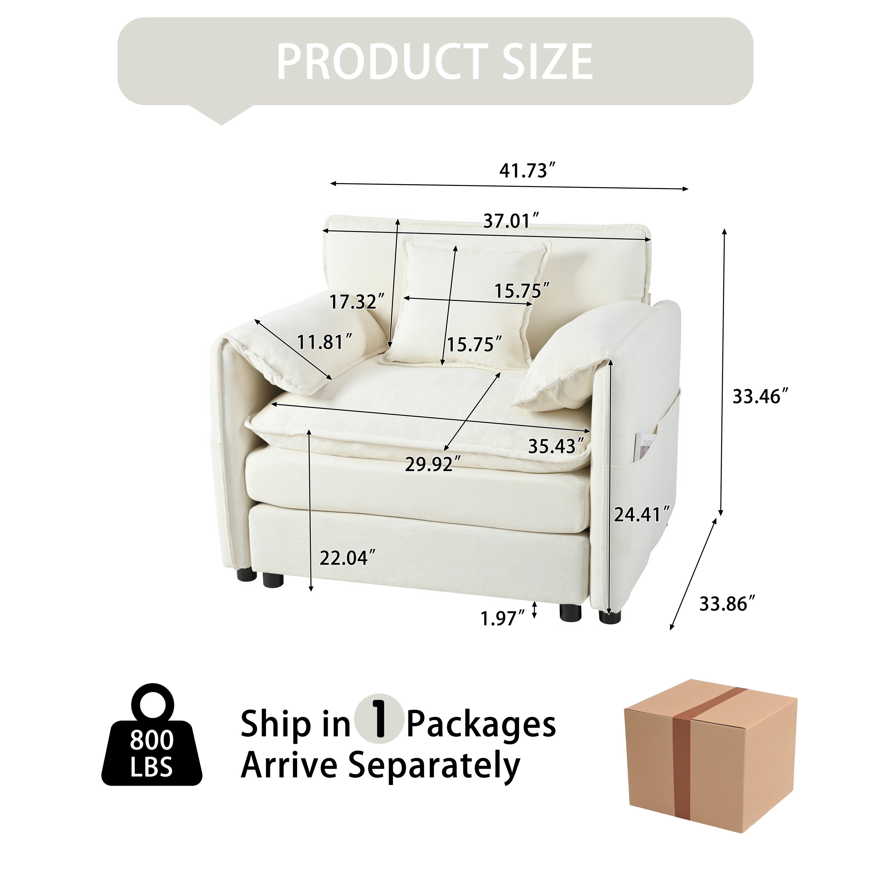 Oversized 41.73' Sofa Chair, Modern Upholstered Armchair with 1 Toss Pillow, Modular Sectional Sofa for Living Room, Deep Seat Reading Sofa for Bedroom Apartment, DIY Combination Chenille,Beige