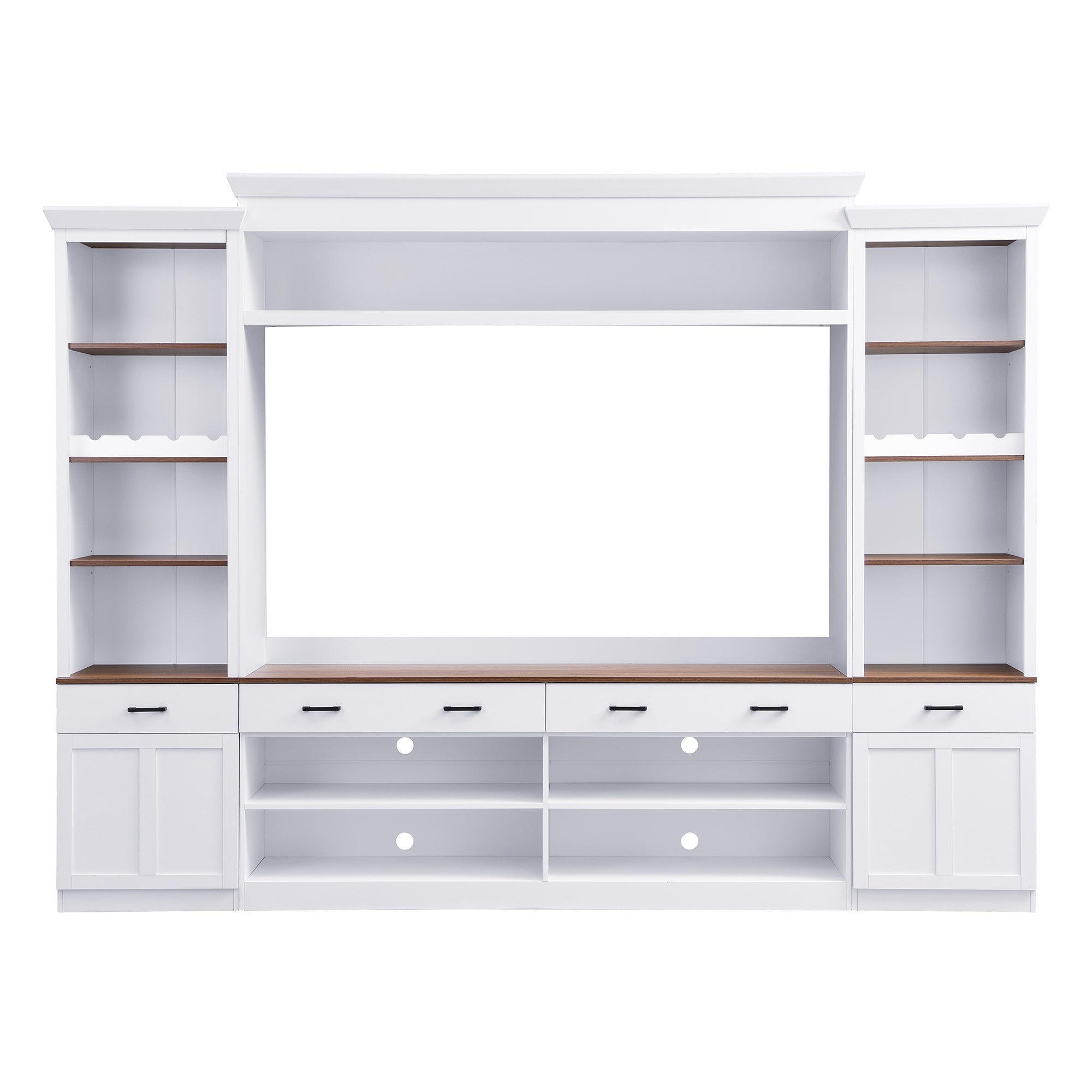 ON-TREND Farmhouse 4-Piece Entertainment Wall Unit Set with Bookshelf for TVs Up to 70', Walnut TV Stand with Adjustable Shelves, Mid-Century Large Media Console with Wine Rack for Living Room, White