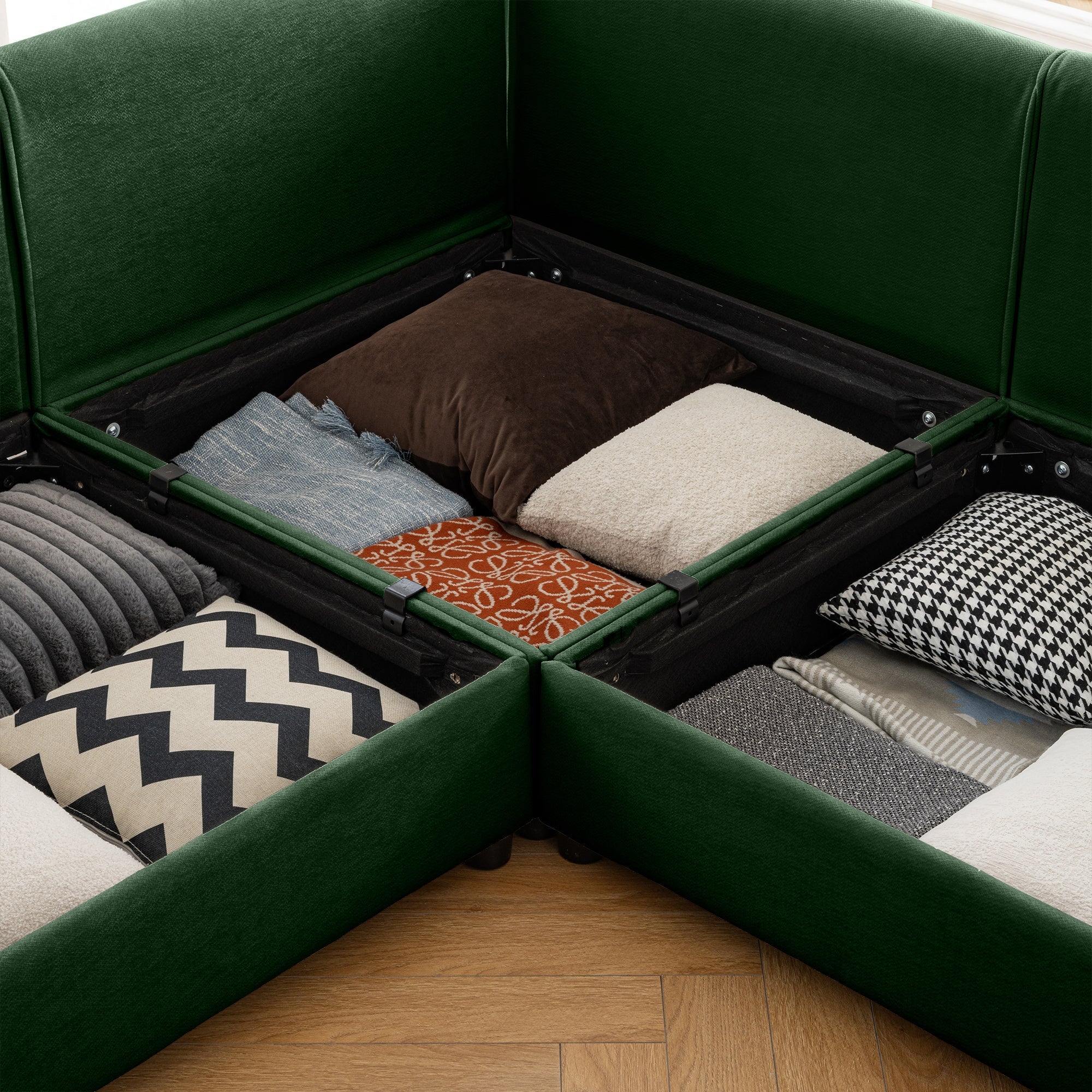 Elegant Green Chenille  Sofa with Storage Seat and Ottoman, U-Shaped 3-Seater Cylindrical Backrest and Armrests, Contemporary 3-Seater Fabric Couch with Hidden Storage Compartment