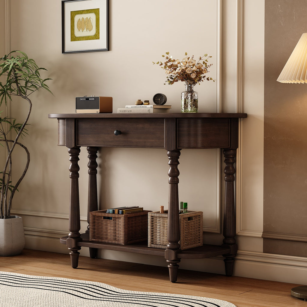 TREXM Narrow Console Table with Curved Corner, Retro Entryway Table with Top Drawer and Open Shelf, Sofa Table Console Tables for Entryway, Hallway and Living Room (Espresso)