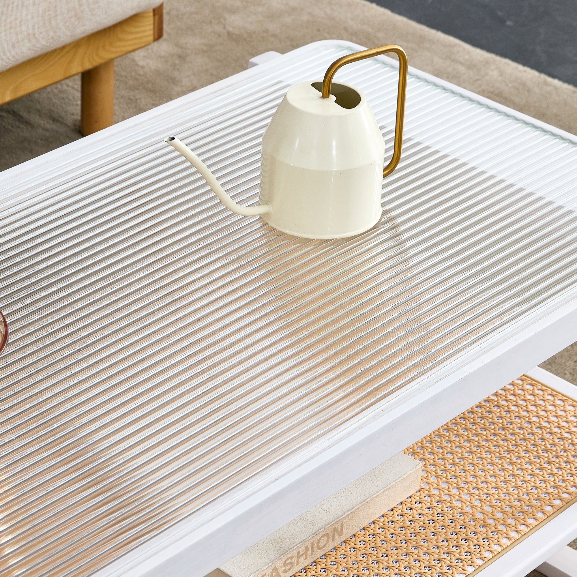Modern minimalist white double layered solid wood coffee table. Glass tabletop, imitation rattan  edge table. Rectangular table suitable for living room, dining room, and bedroom