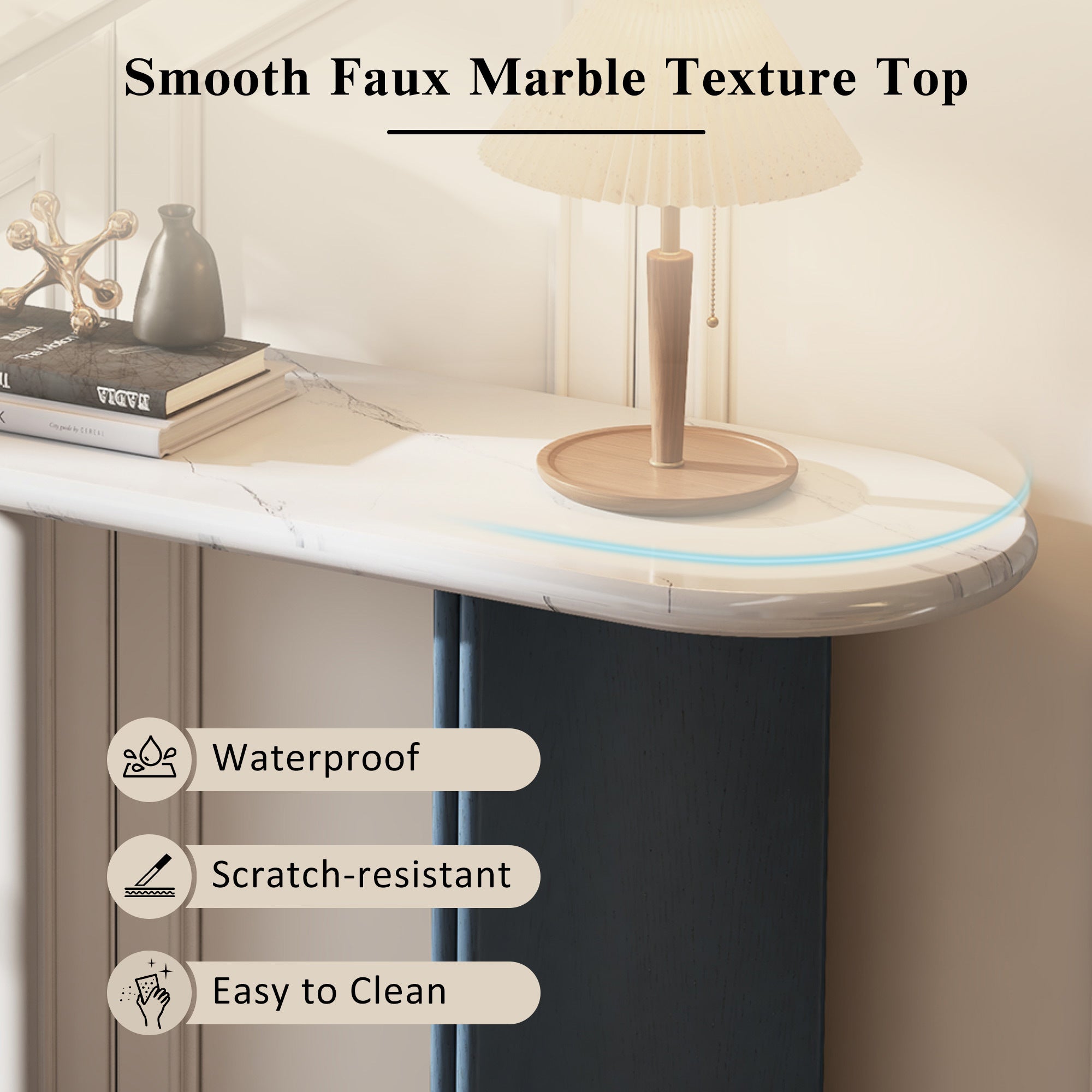TREXM Narrow Console Table, Entryway Table with Oval Faux Marble Top, Rustic Sofa Table with Curved Legs, Hallway Accent Table for Entrance and Living Room (Navy+White)