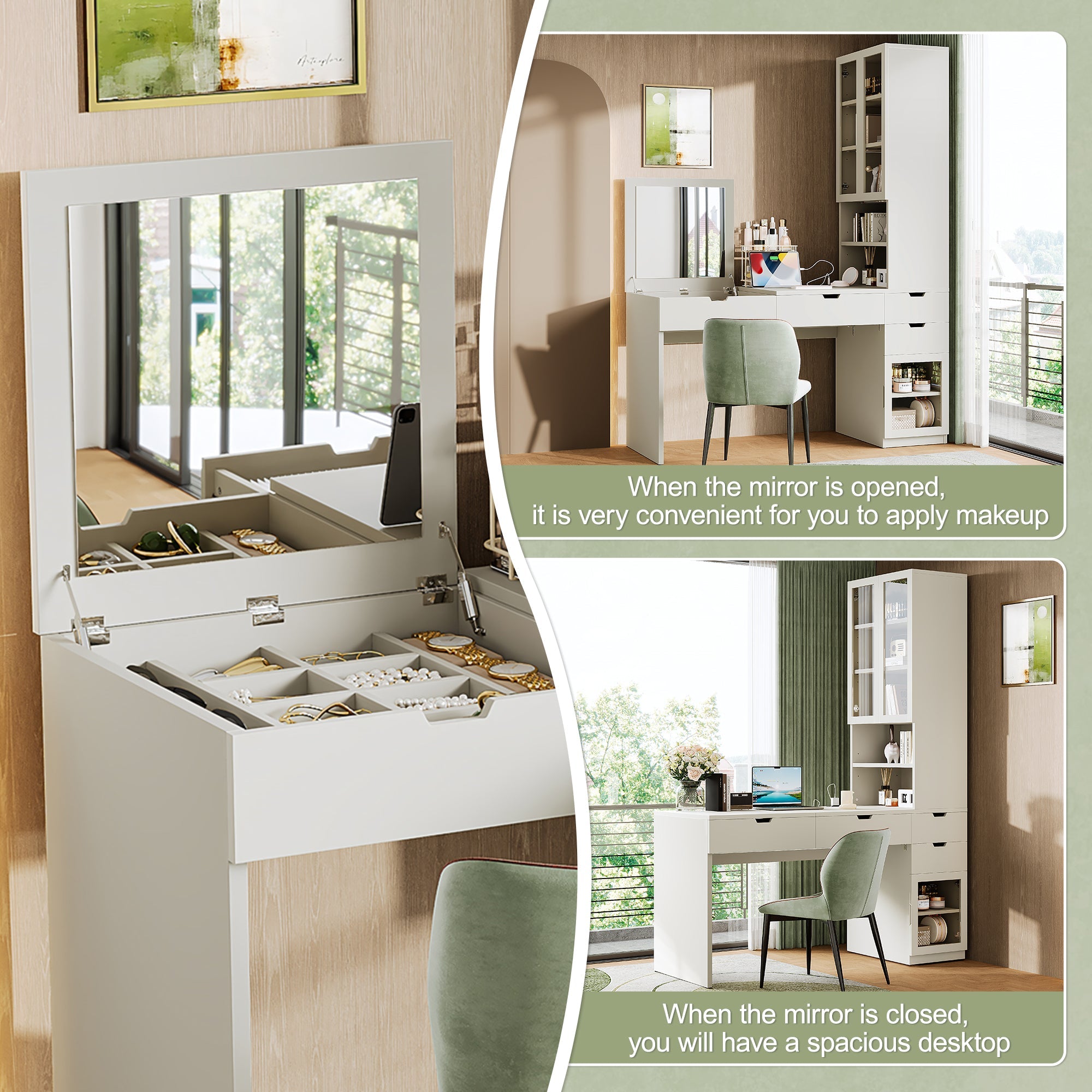 Versatile Makeup Vanity Desk with Mirror and Charging Station, Dressing Table with 8 Hidden Storage Compartments, Computer Desk with 3 Drawers, 2 Cabinets and Open Shelves,Home Office Desk, White