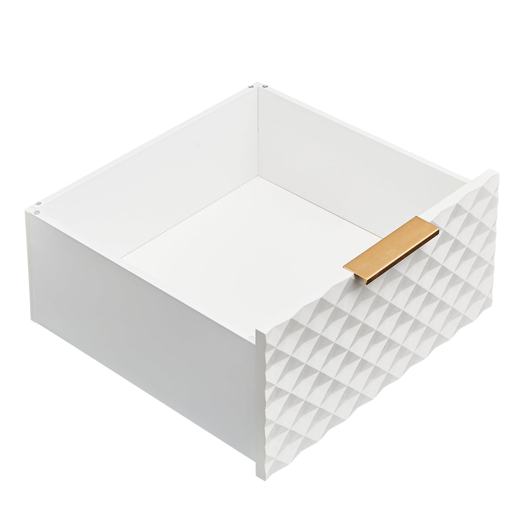Deluxe Sculpted Modern Fashion Geometric Style TV Stand, Aluminum Frame Tempered Glass Door 4 Drawer Chest with Adjustable Metal Feet ,White,59.9'L x 15.7'W x 21.7'H