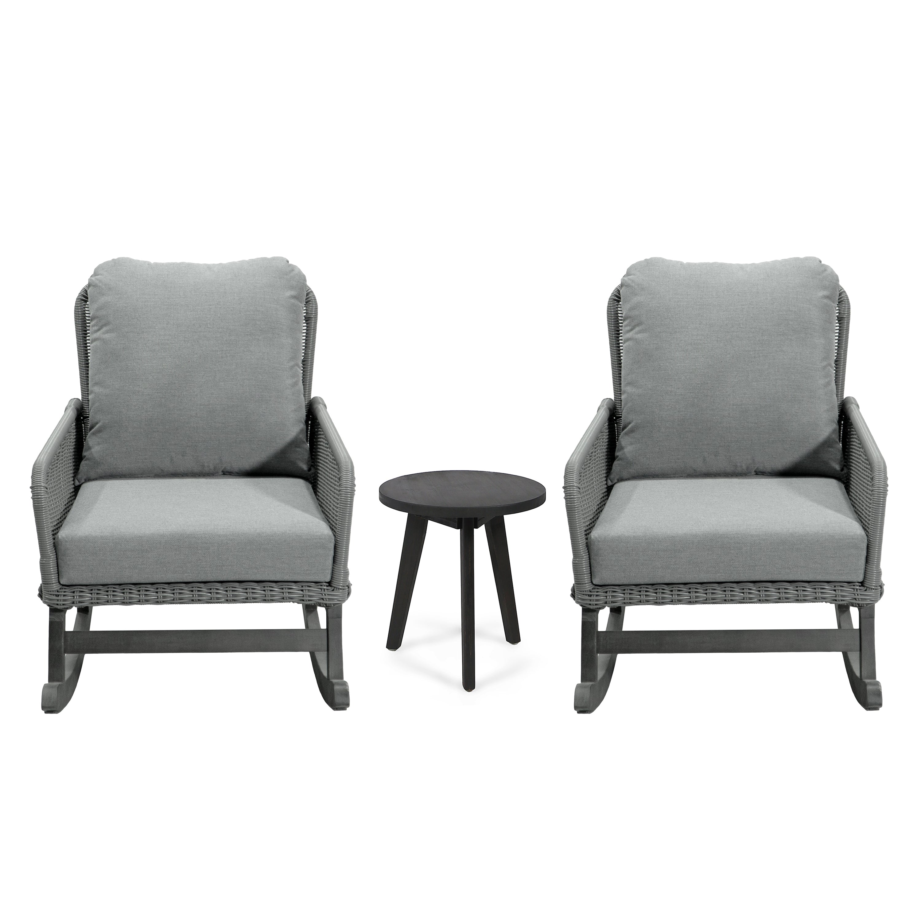Modern 3-Piece Outdoor Seating Set with Gray Cushioned PE Rattan Rocking Chairs and Wooden Accent Table, Perfect for Patio or Balcony Relaxation