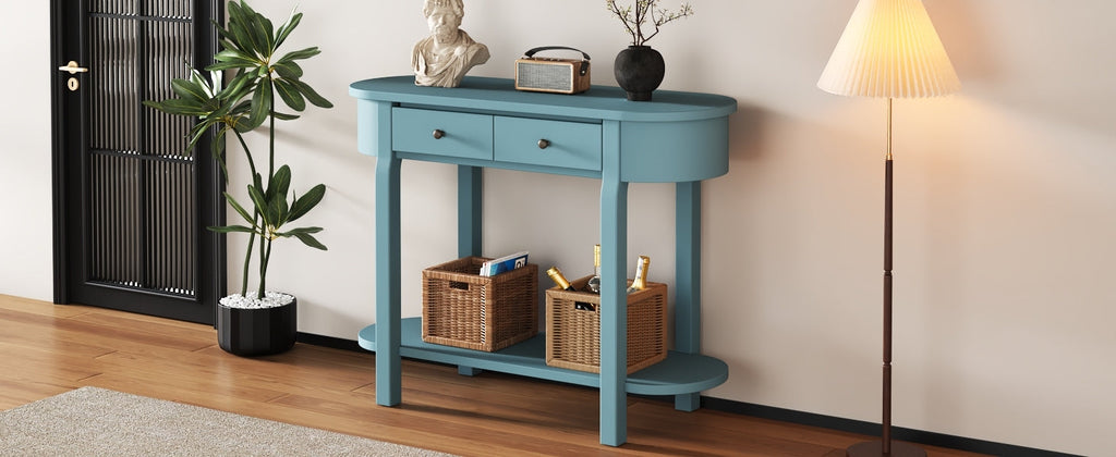TREXM Elegant Retro Console Table with Curved Design and Smooth Glaze for Entryways, Living Rooms and hallways (Turquoise Green)