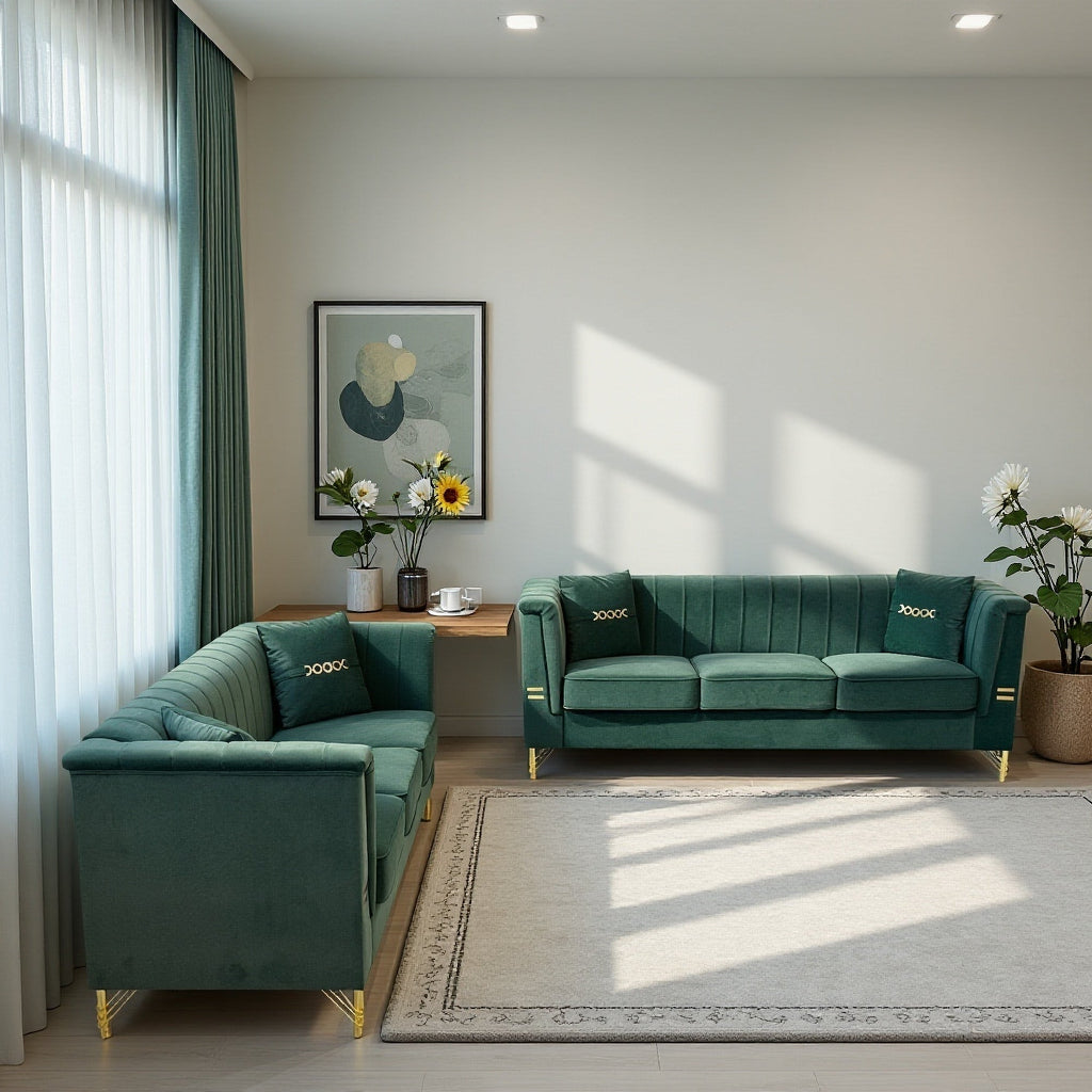 FX-P82-2PC SOFA -GR3  Green Velvet Sofa Set of 2, Two Modern 3-Seater Sofas with Plush Cushions & Gold-Tone Metal Legs  Stylish Living Room Couch Set for Homes, Apartments, and Guest Areas