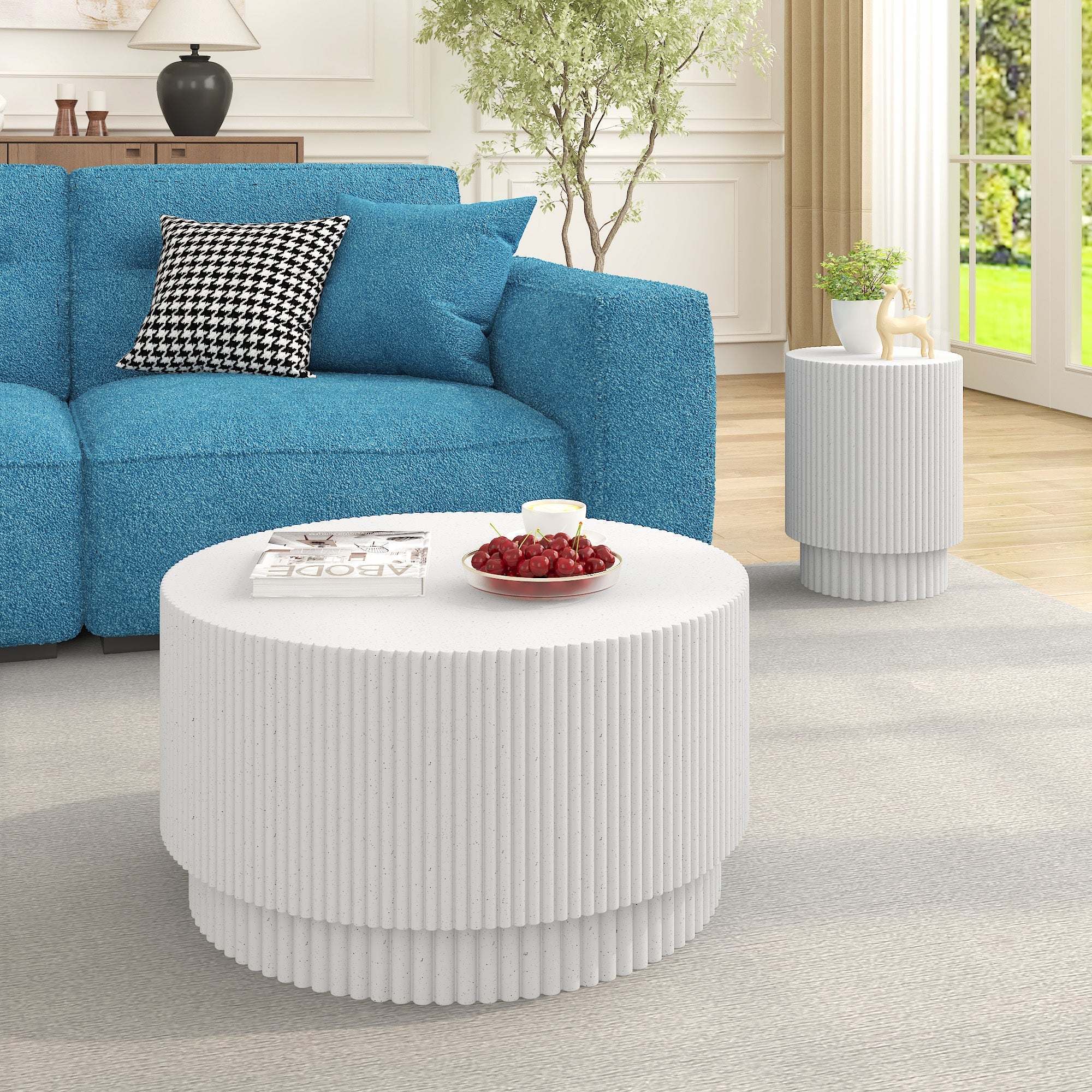 15.72-inch H-barrel coffee table, Nordic style, simple design, suitable for indoor and outdoor use, magnesium oxide material, suitable for living room, bedroom or garden sofa