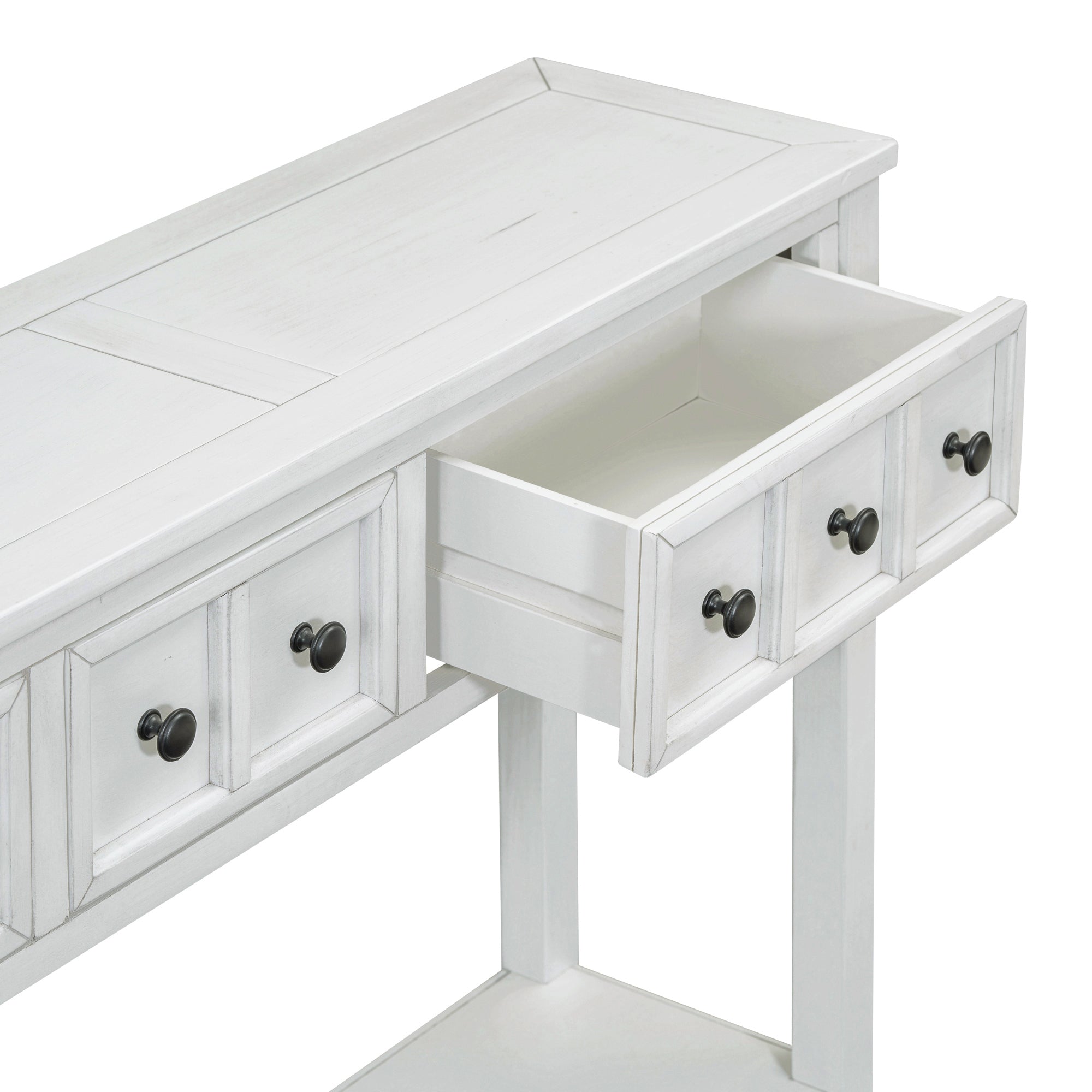 TREXM Rustic Entryway Console Table, 60" Long Sofa Table with two Different Size Drawers and Bottom Shelf for Storage (Antique White)