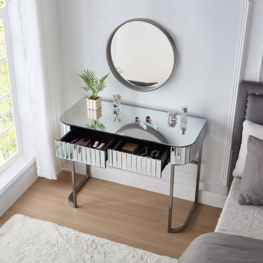39' Mirrored Makeup Vanity Table with Stainless Steel Base, Mirrored Console Dressing Table with 2 Drawers,Versatile Desk for Bedroom and Office, Silver