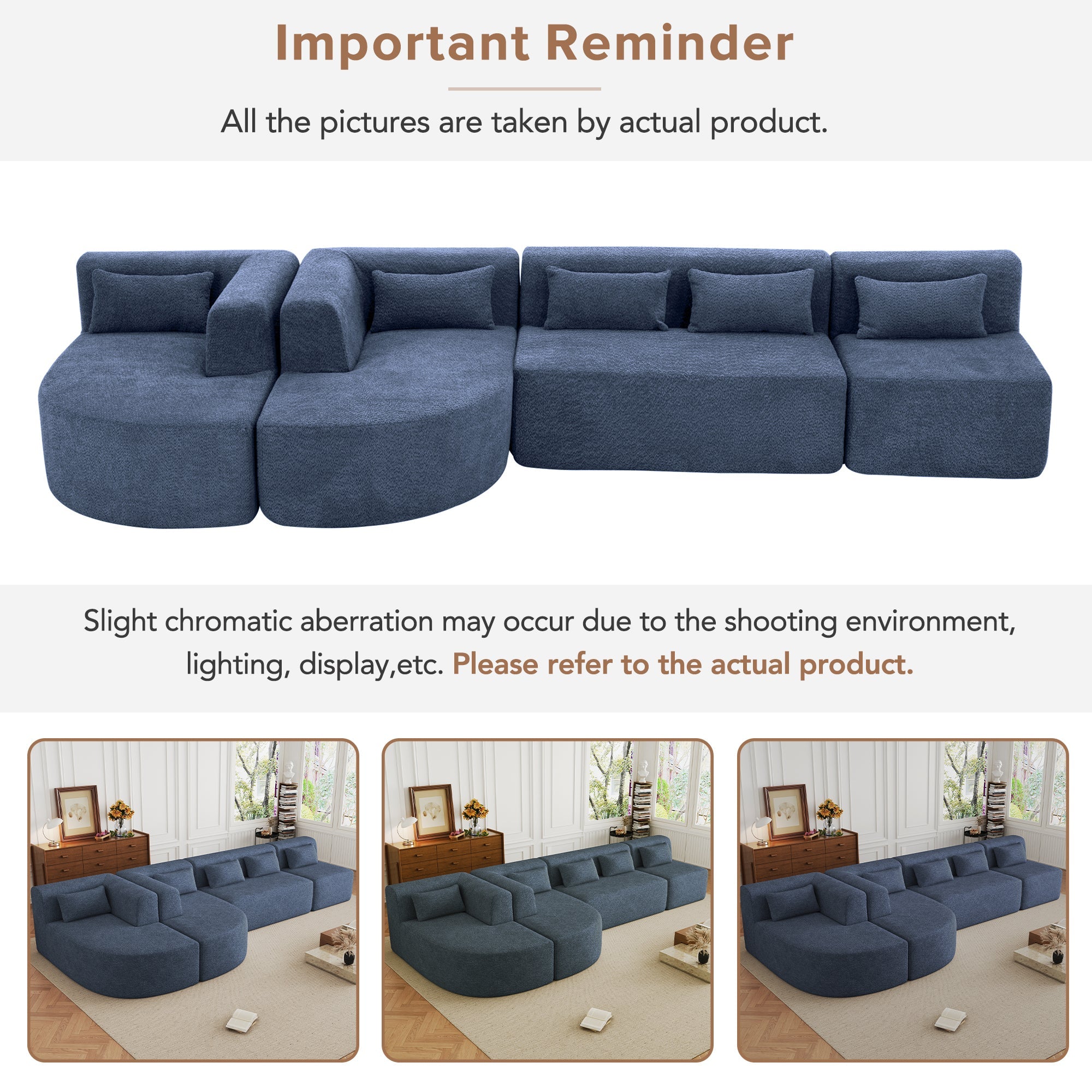 144' Upholstered Sofa Free-combined Sofa Couch with Two Chaise Lounge and Five Back Pillows for Living Room, Blue