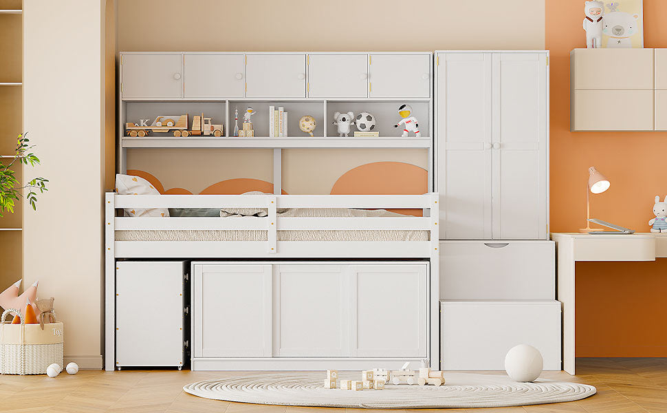 Twin Size Wooden Loft Bed Big Storage with Under-bed Desk, with Drawers, with Shelves, White