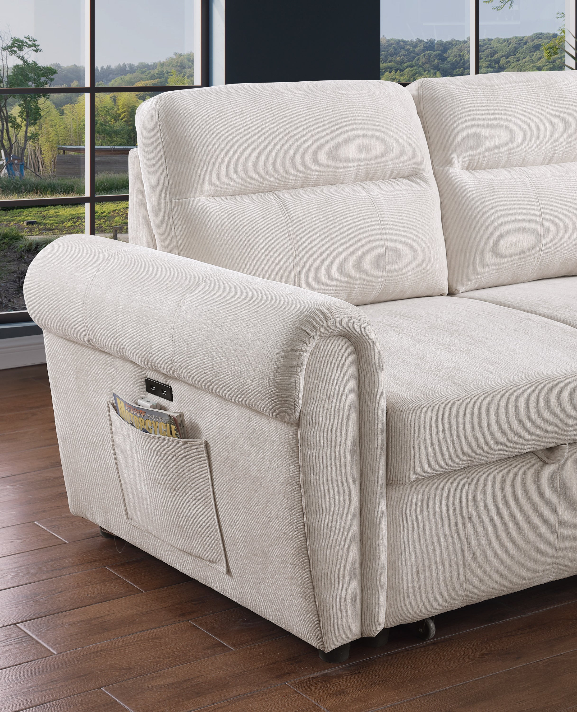 Hugo 97'W Beige Chenille Reversible Sleeper Sectional Sofa Chaise with USB Charger