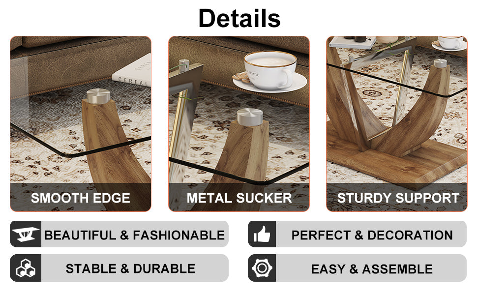 Modern minimalist transparent tempered glass coffee table with wooden MDF legs and stainless steel decorative columns. Computer desk. Game table. CT-907