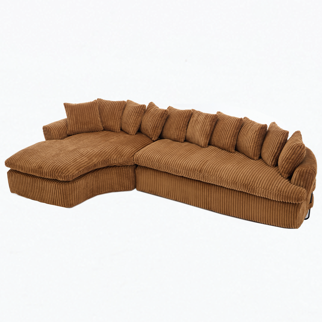127''  Large Sectional Sofa ,Elegant Curved Design ,High-Resilience Foam ,Ten Back Cushions,L-Shape Left Sofa,No Assembly  Required , (Brown-Soft Corduroy Fabric)