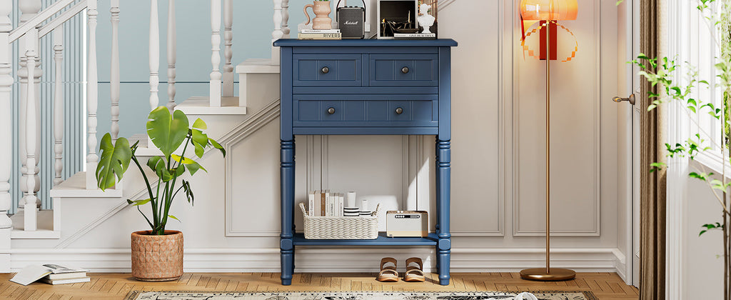 TREXM Narrow Console Table, Slim Sofa Table with Three Storage Drawers and Bottom Shelf (Navy)