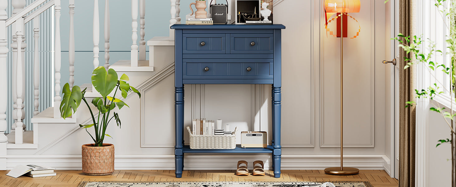 TREXM Narrow Console Table, Slim Sofa Table with Three Storage Drawers and Bottom Shelf (Navy)
