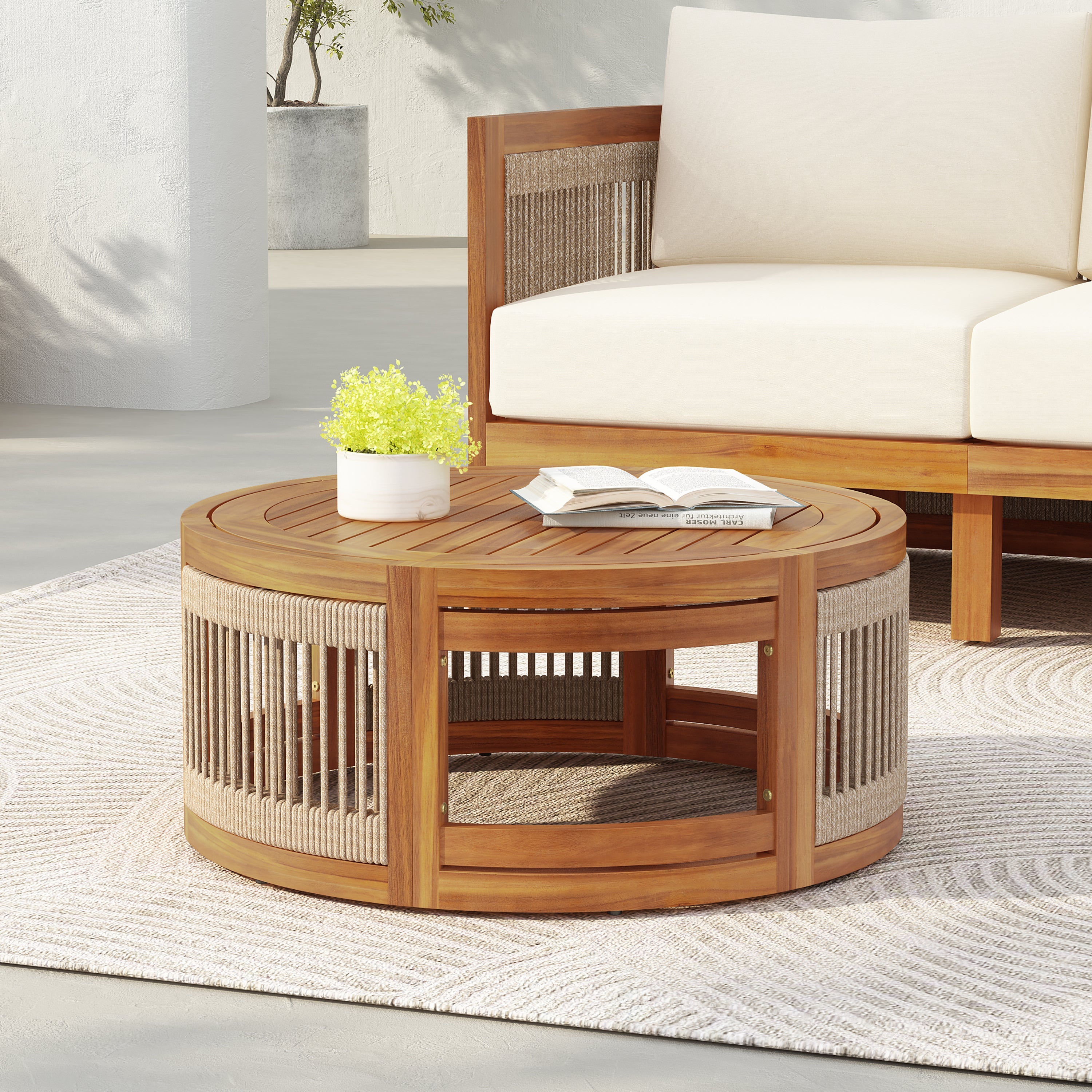 27.95' Acacia Wood Outdoor Coffee Table - Handwoven Rope Accent Boho Patio Table with All-Weather Durability