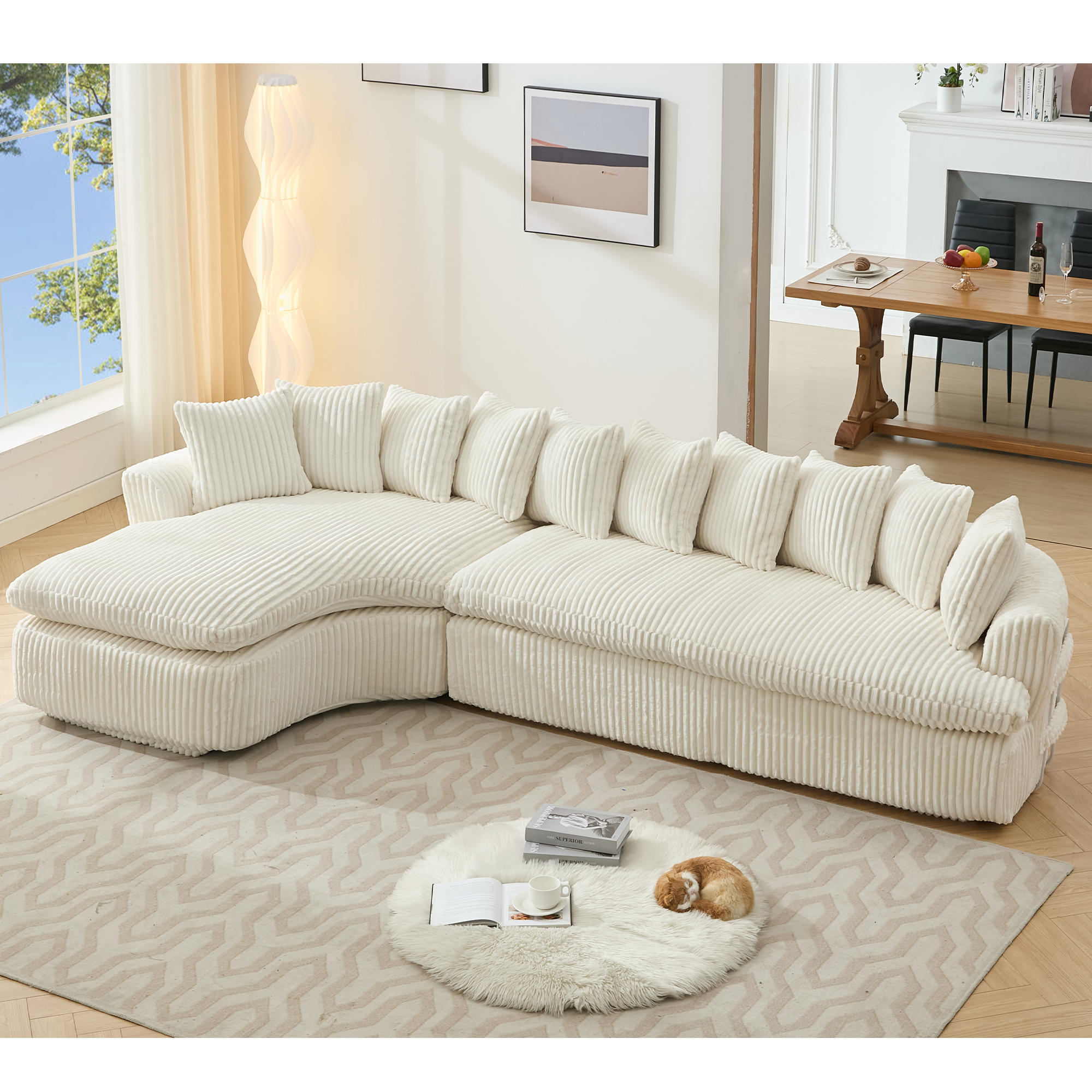 127''  Large Sectional Sofa ,Elegant Curved Design ,High-Resilience Foam ,Ten Back Cushions,L-Shape Left Sofa,No Assembly  Required , (Beige-Soft Corduroy Fabric)