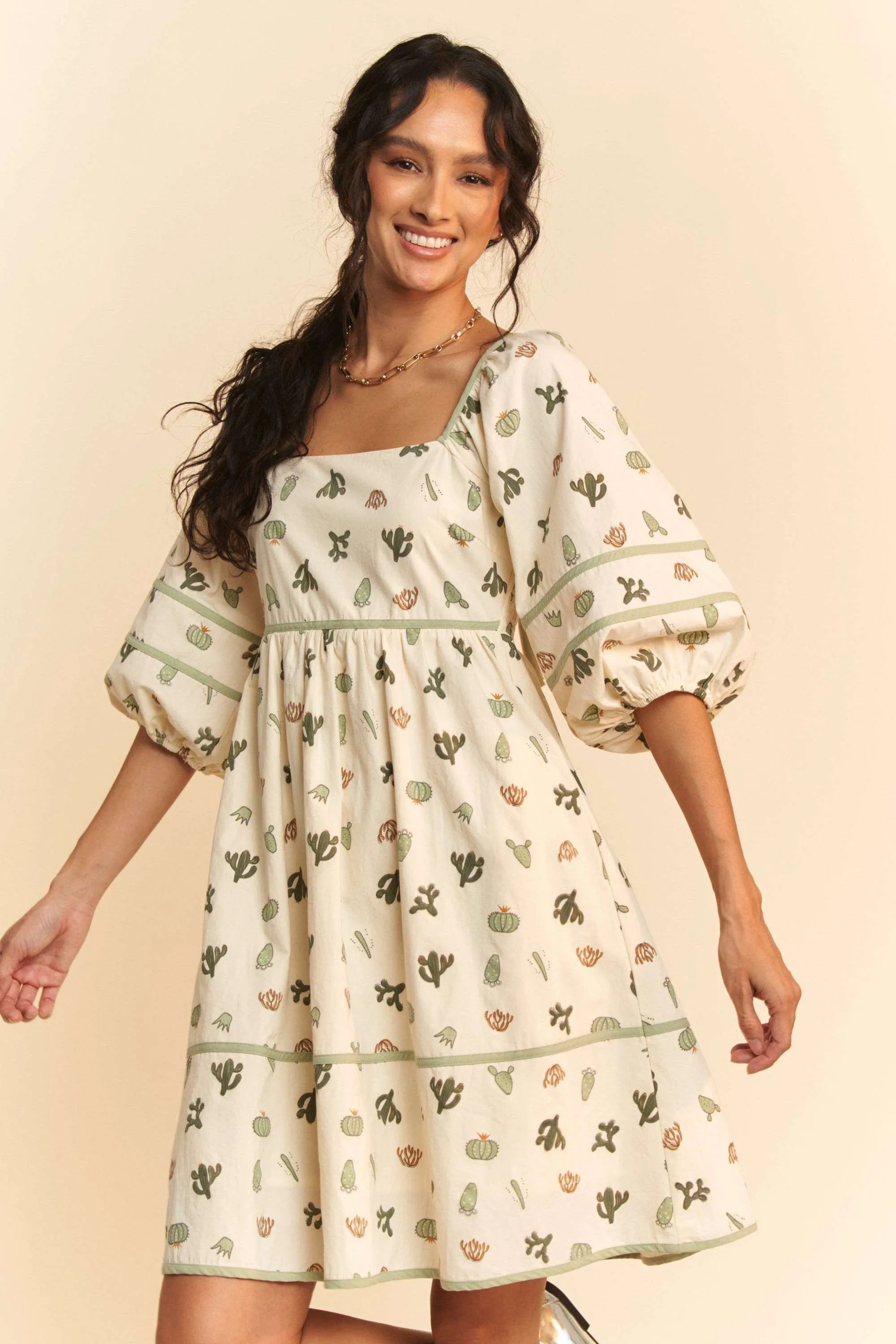 Davi & Dani Cactus Printed Poplin Contrast Piping Mini Dress