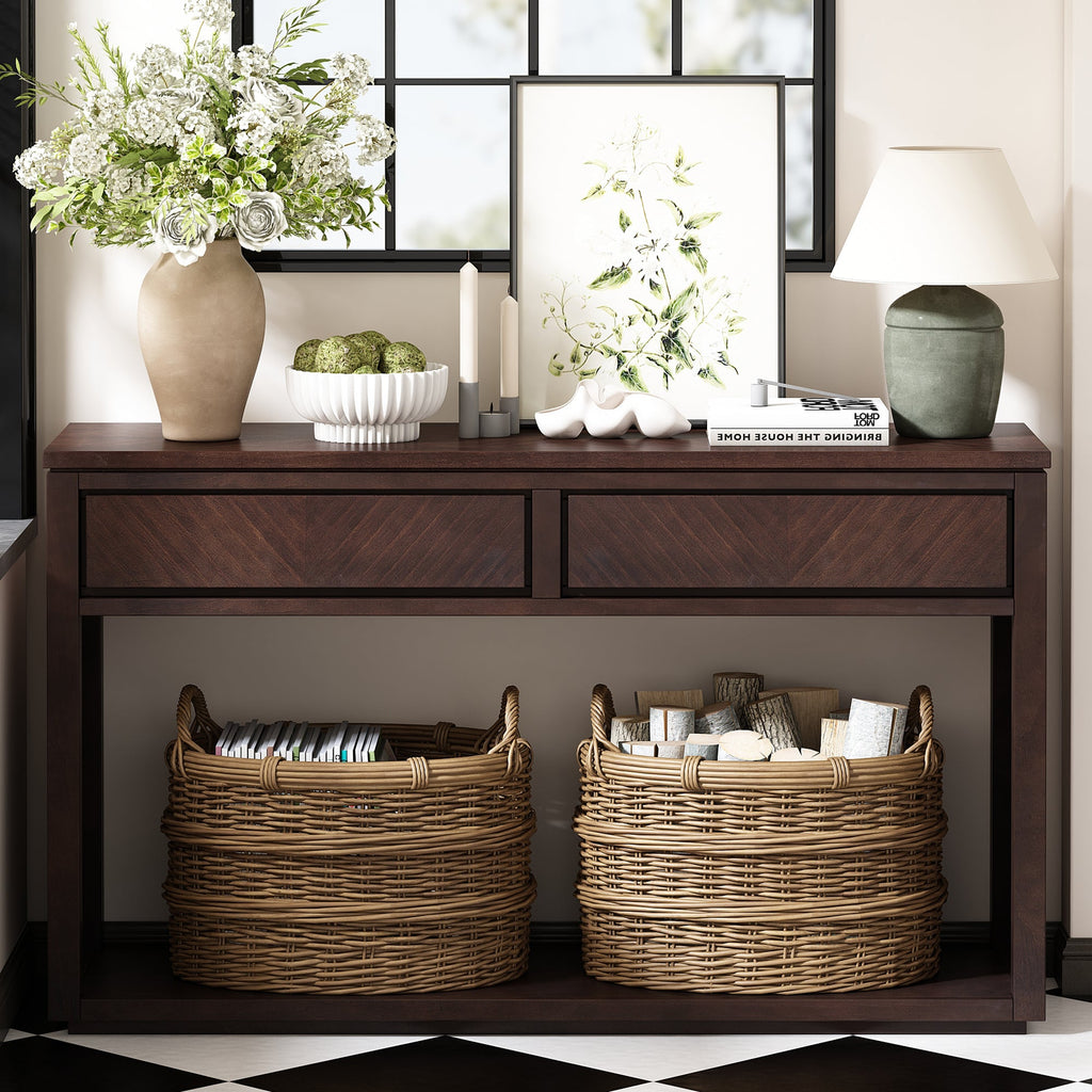 TREXM 55' Console Table, Rustic Wooden Entryway Table with Storage Drawers and Open Shelf, Elegant Sofa Table for Hallway and Living Room (Espresso)