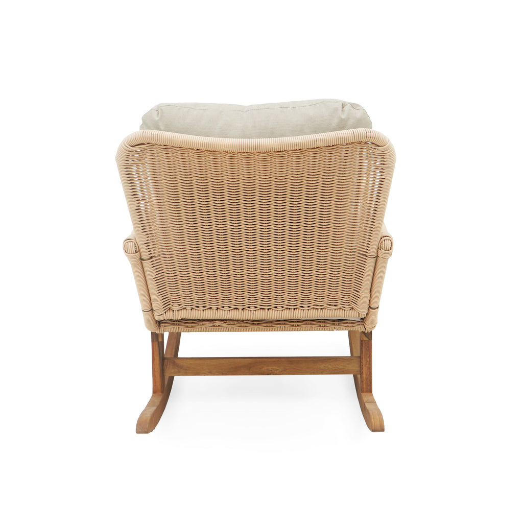 Modern 3-Piece Outdoor Seating Set with Beige Cushioned PE Rattan Rocking Chairs and Wooden Accent Table, Perfect for Patio or Balcony Relaxation