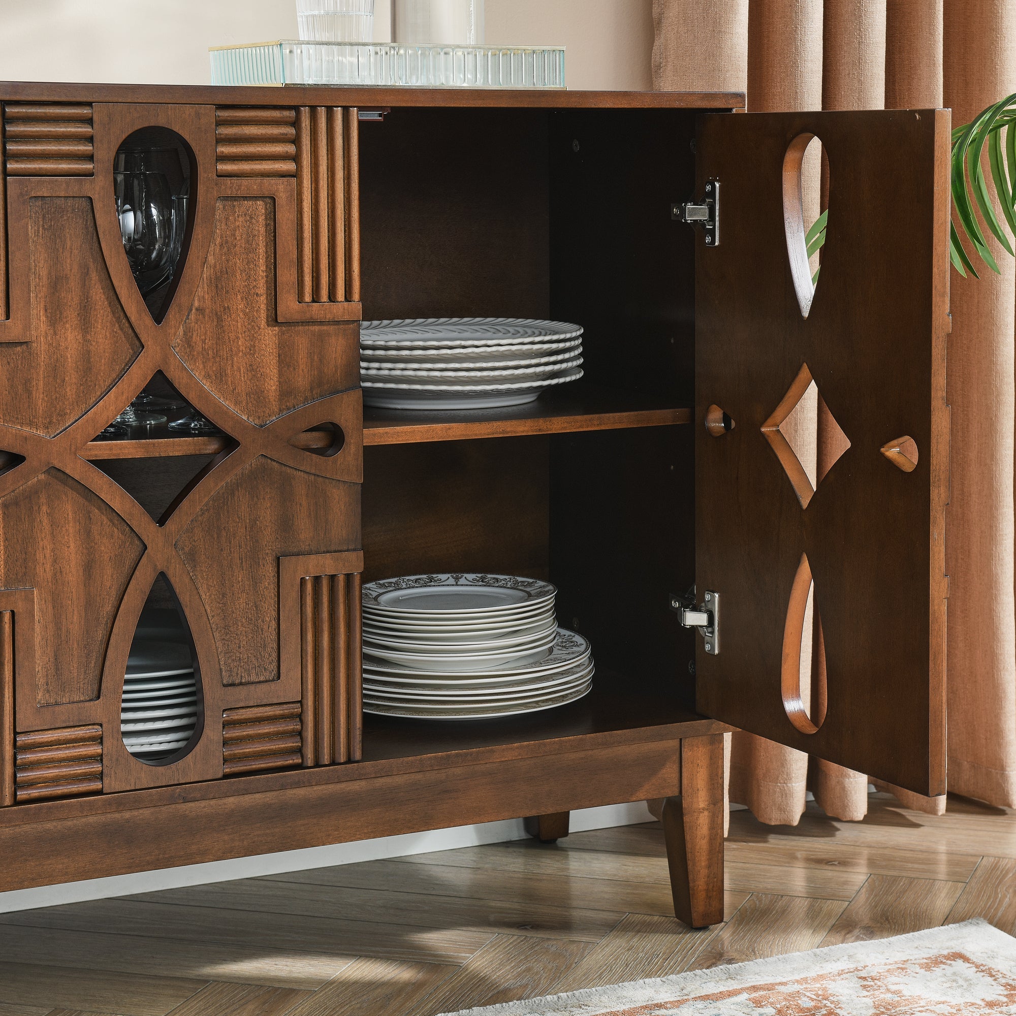 60.5' Mid Century Modern Sideboard Buffet Cabinet with Storage, TV Media Console Table, Storage Cabinet with 4 Doors & Adjustable Shelves for Kitchen Dining Living Room Entryway, Walnut