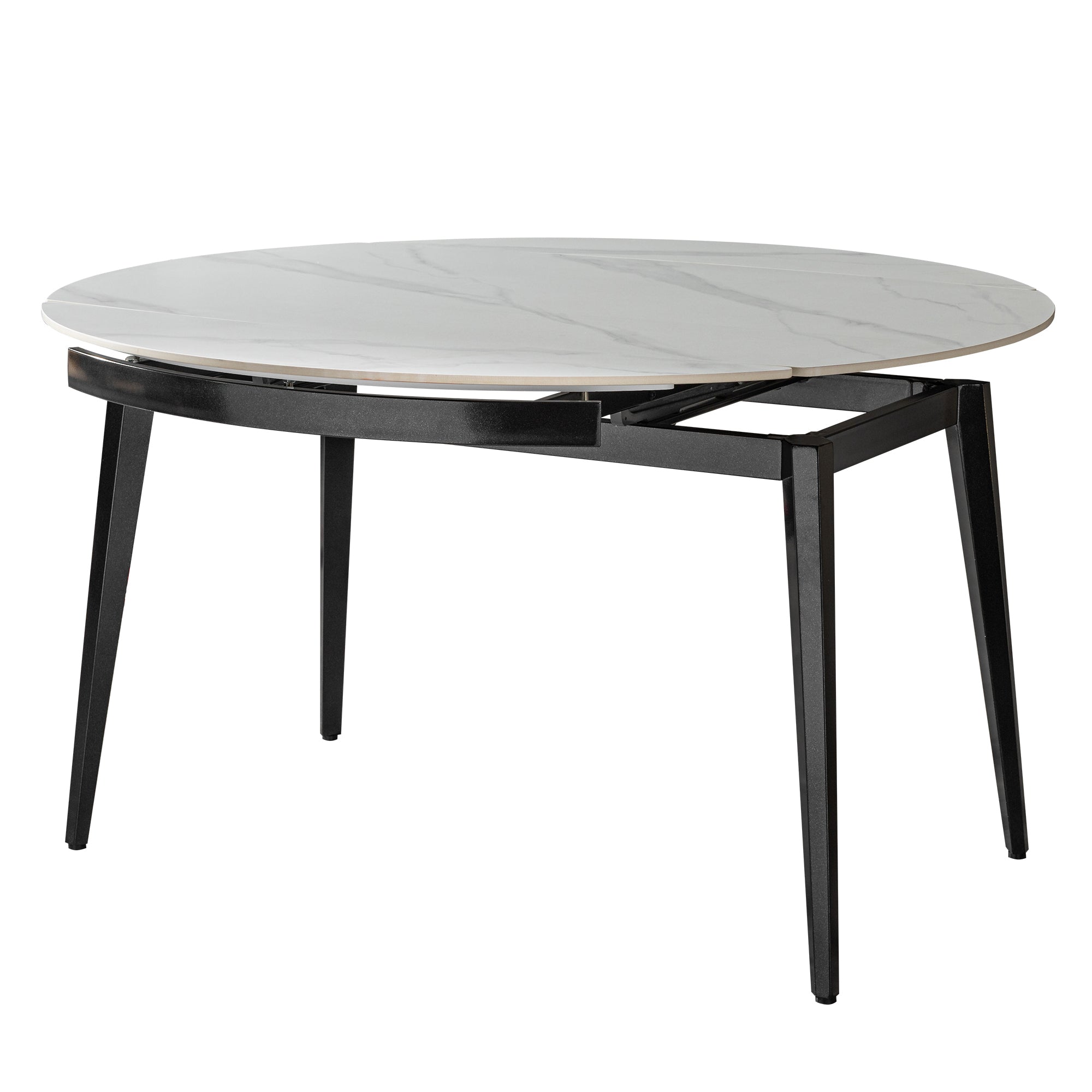 Modern Extendable Round Dining Table with Sintered Stone Top, White & Black, 33.5'' to 51.2''