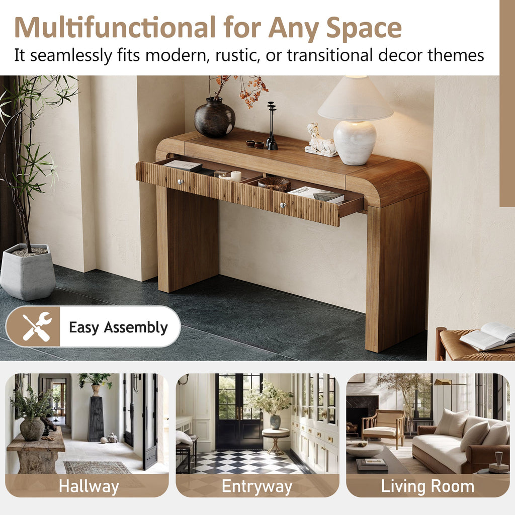 TREXM Rustic Console Table with Fluted Drawer Front, Entryway Table with Curved Corners & Thick Legs, Sturdy Sofa Table for Hallway & Living Room (Natural)