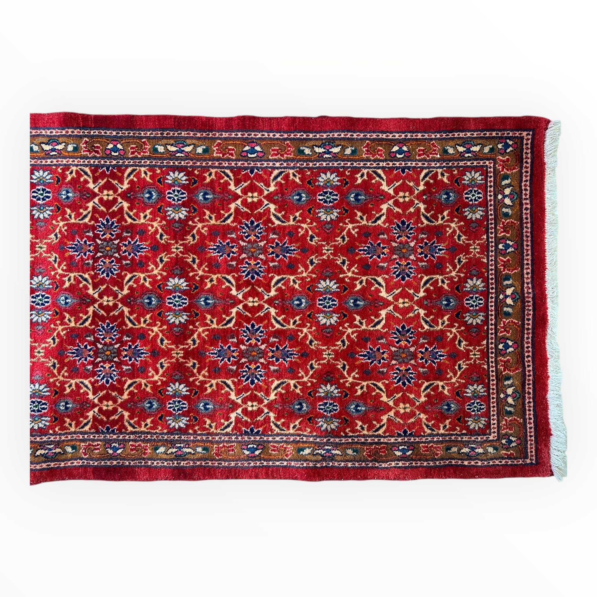 Vintage Mashhad Wool Runner – 3’3” x 8’4” – 1970s, Rich Red with Blue & Beige Accents