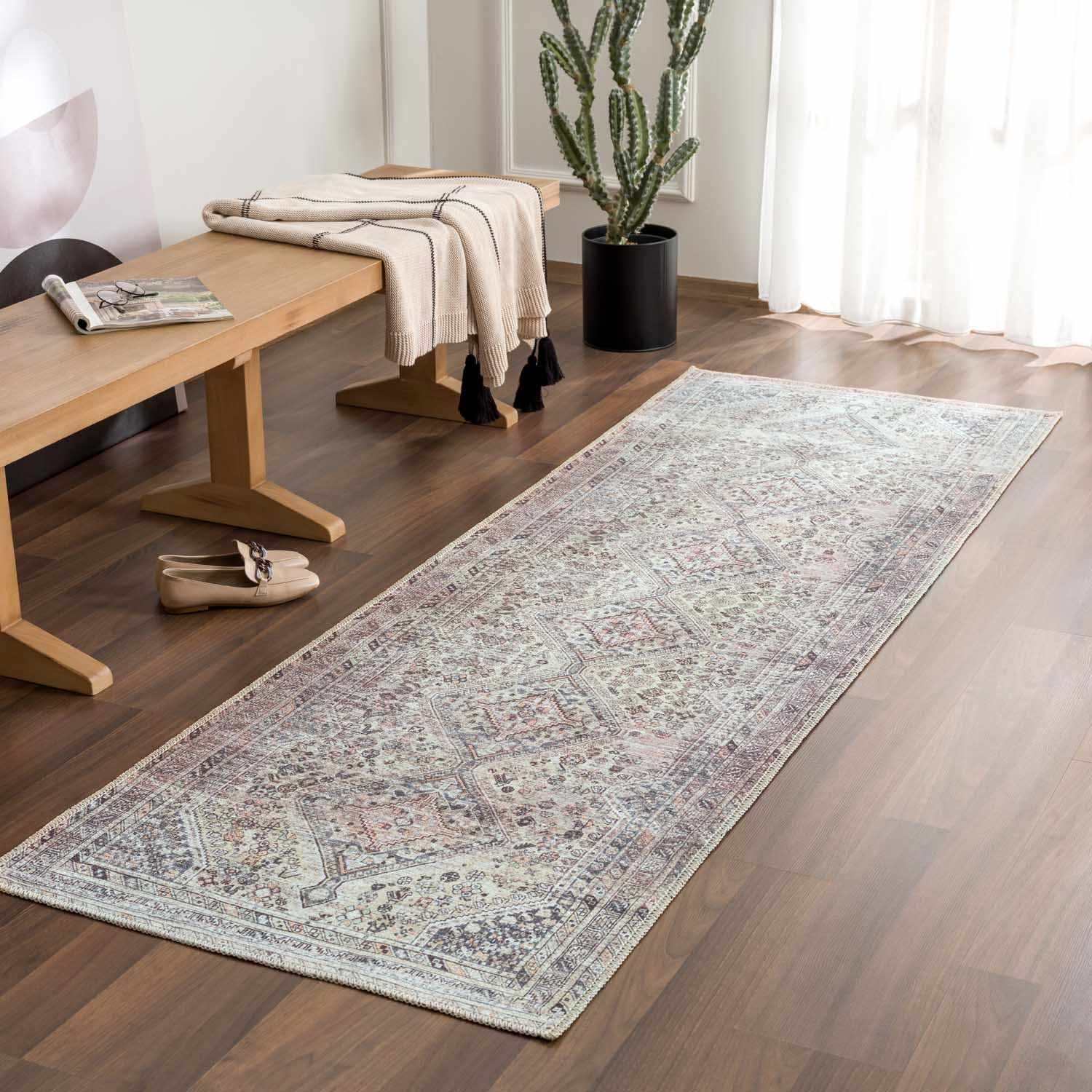 Barny Tan Flat Pile Washable Area Rug