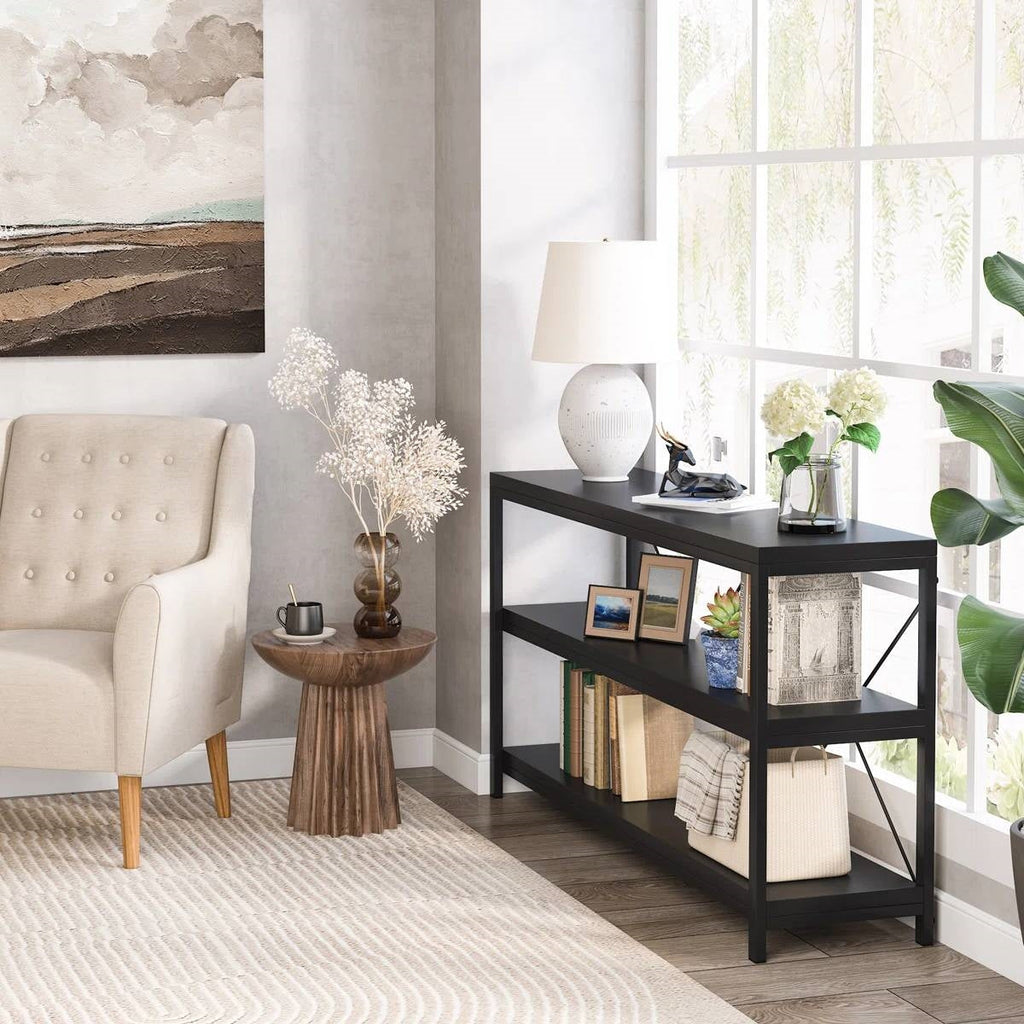 Industrial 55-inch Black Wood Shelf Sofa Table with Heavy Duty Metal Frame