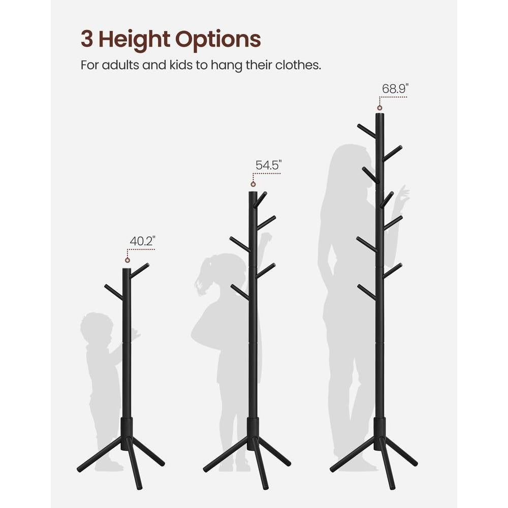 Modern Solid Wood Coat Rack in Black Finish with 8 Hanging Hooks