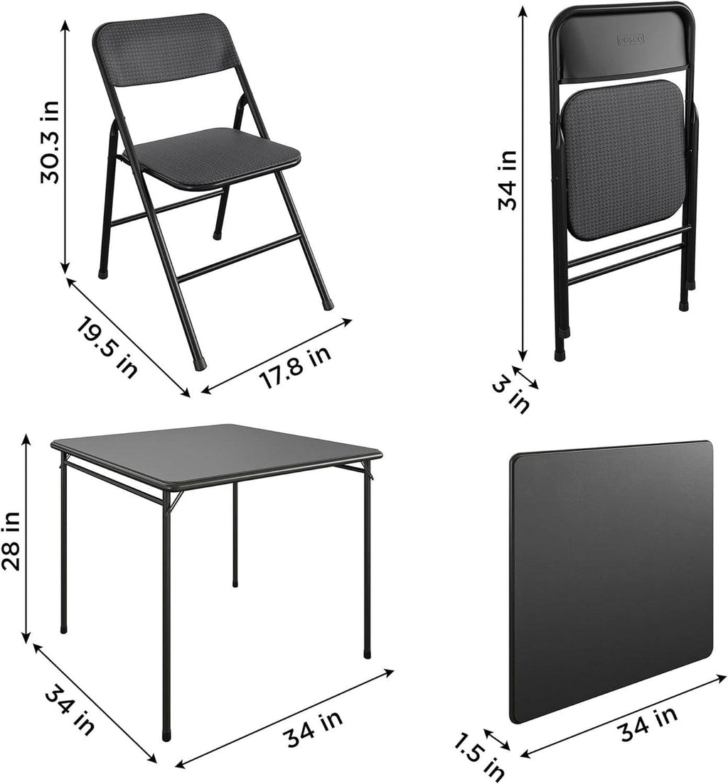 Black 5-Piece Square Folding Dining Table with 4 Chairs Guest Set Card Table