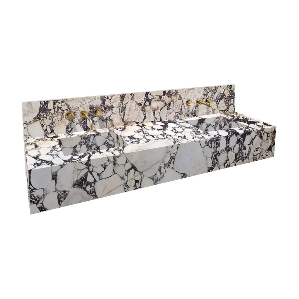 Calacatta Viola Marble Double Sink Wall-mount Bathroom Sink with 10" Backsplash (W)20" (L)80" (H)8"