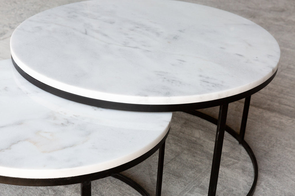 Carrara White Marble Nesting Coffee Table Round Set of 2 Polished