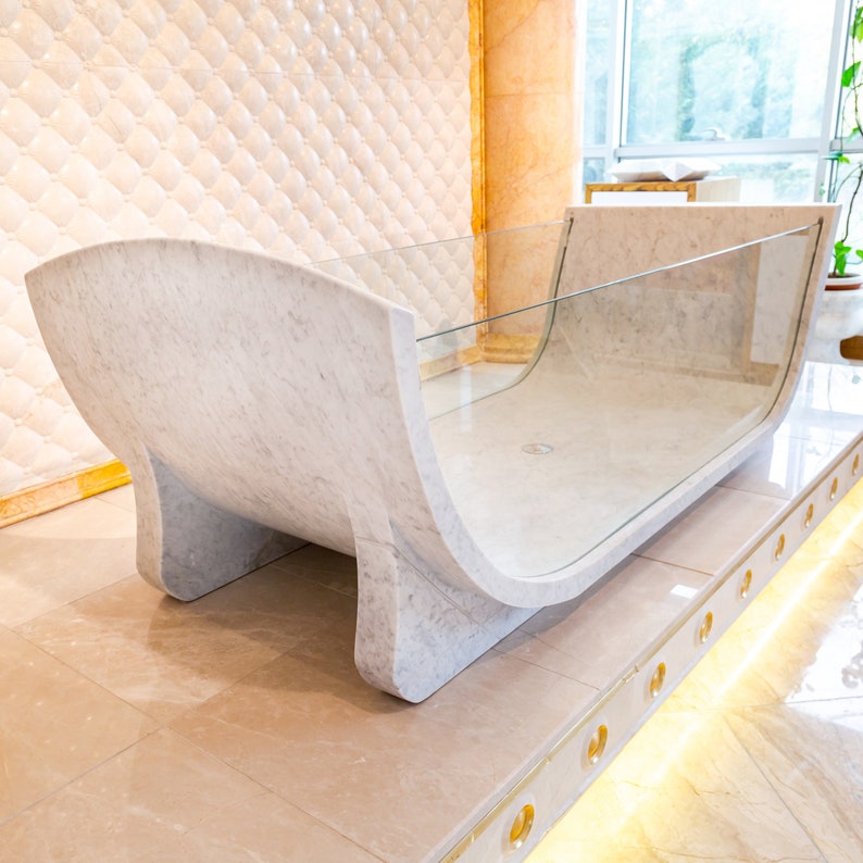 Carrara White Marble Bathtub Strong Tempered Glass Side Walls Polished (W)32" (L)79" (H)24"