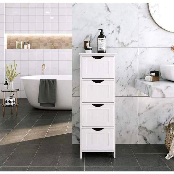 Modern Farmhouse 4-Drawer Bathroom Linen Floor Cabinet in White Wood Finish
