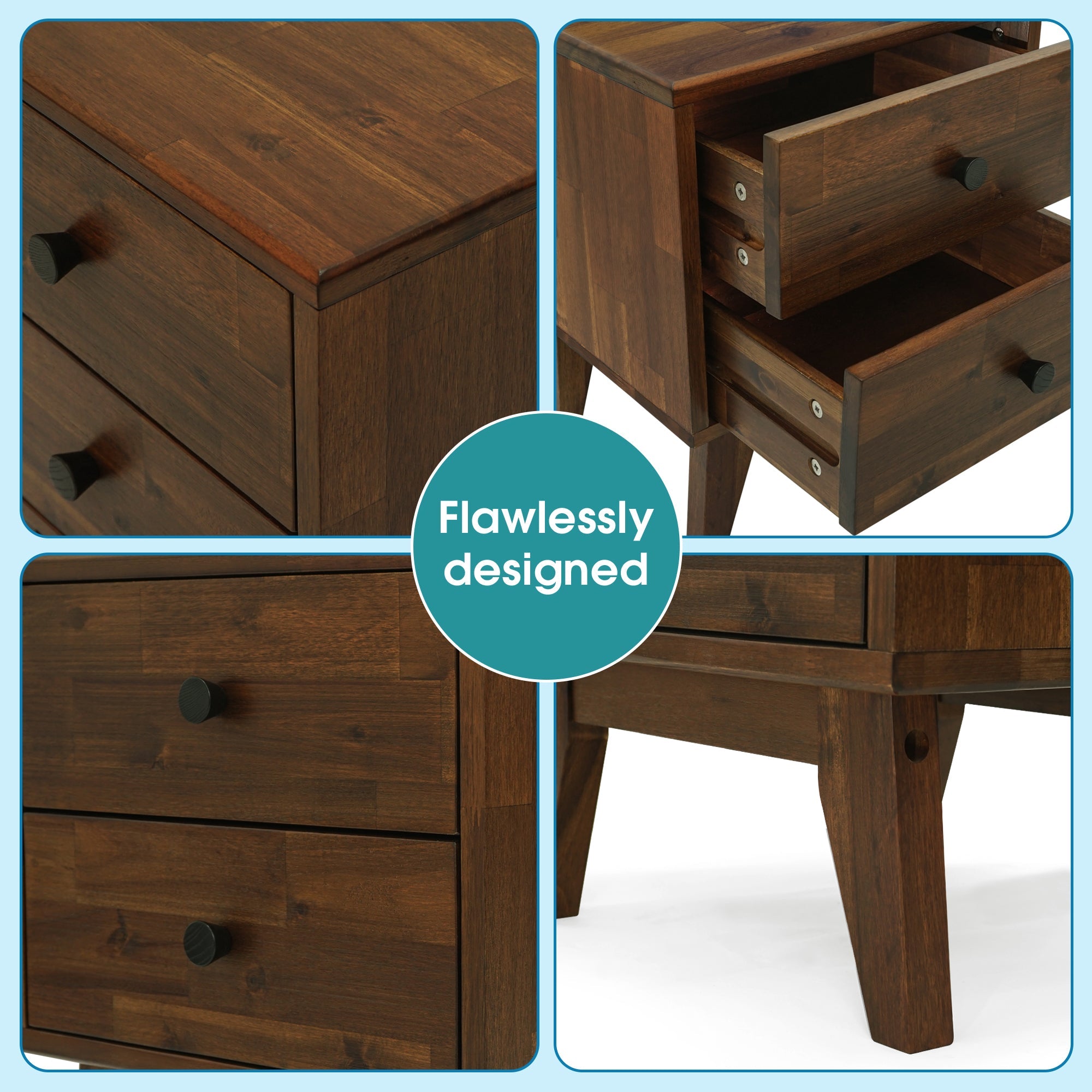 Acacia Silvia 2-Drawer Solid Wood Nightstand for Modern Bedrooms