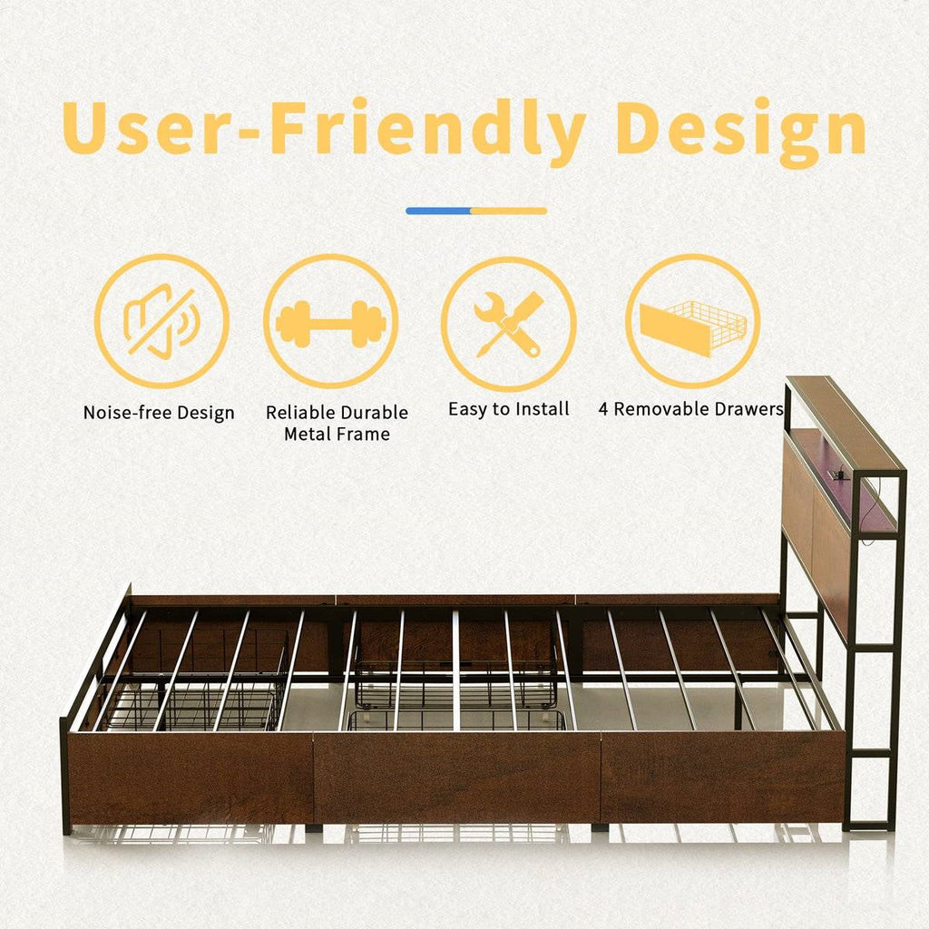 Full size Platform Bed with Headboard and Storage Drawers in Brown Wood Finish