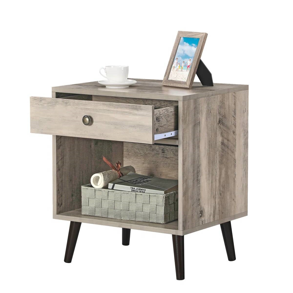 Mid-Century Modern 1-Drawer Nightstand Bedroom End Table in Grey Wood Finish