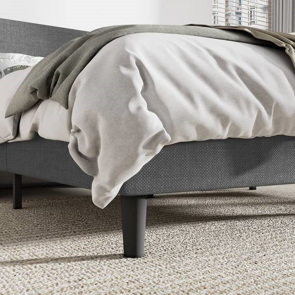 King Size Upholstered Linen Blend Headboard Wingback Platform Bed in Grey