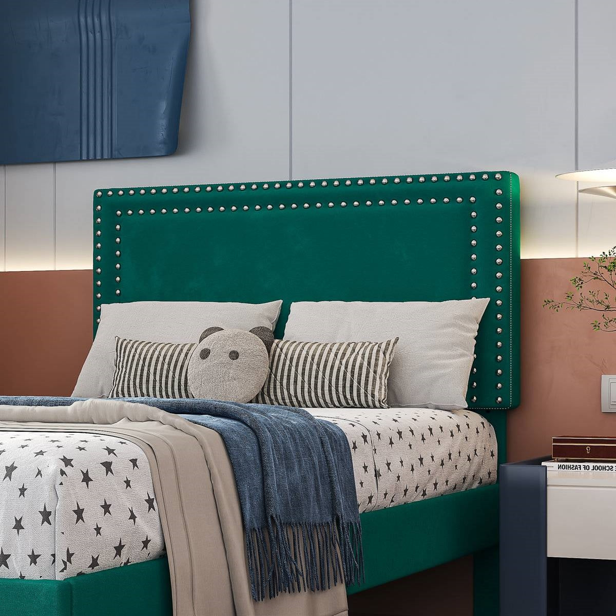 Set of 2 - Twin size Dark Green Upholstered Platform Bed Frame with Headboard
