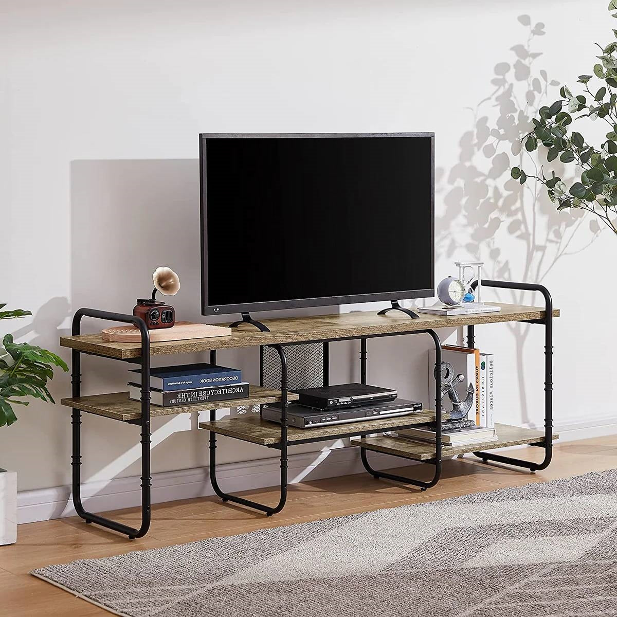 Modern Gray Wood and Metal Entertainment Center TV Stand for TV up to 65-inch
