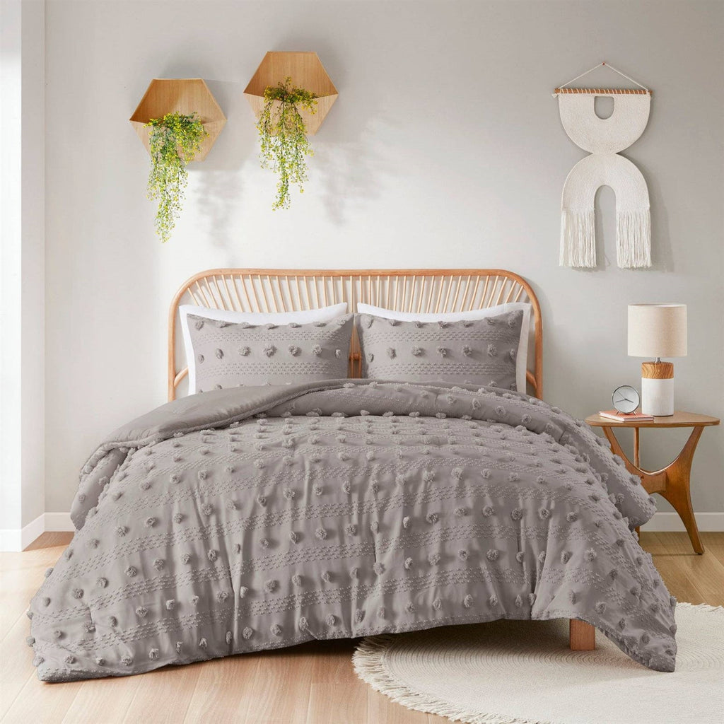 Twin/Twin XL 2-Piece Grey Microfiber Comforter Set with Decorative Pompoms
