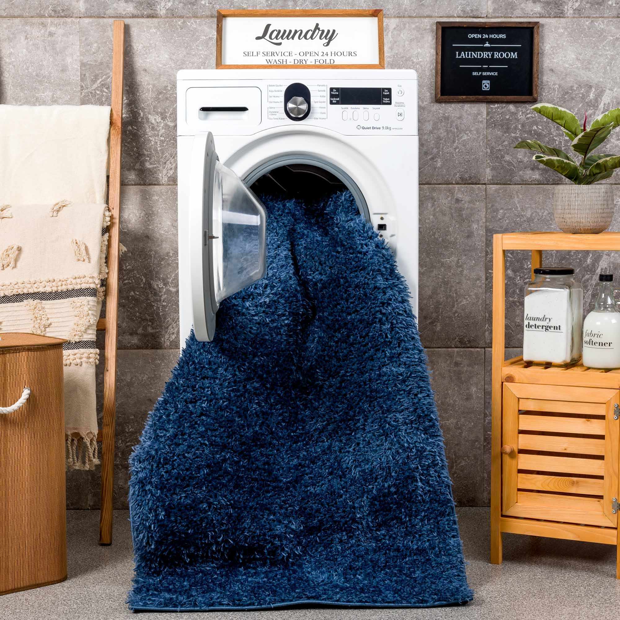 Faina Solid Dark Blue Shag Washable Area Rug - Clearance