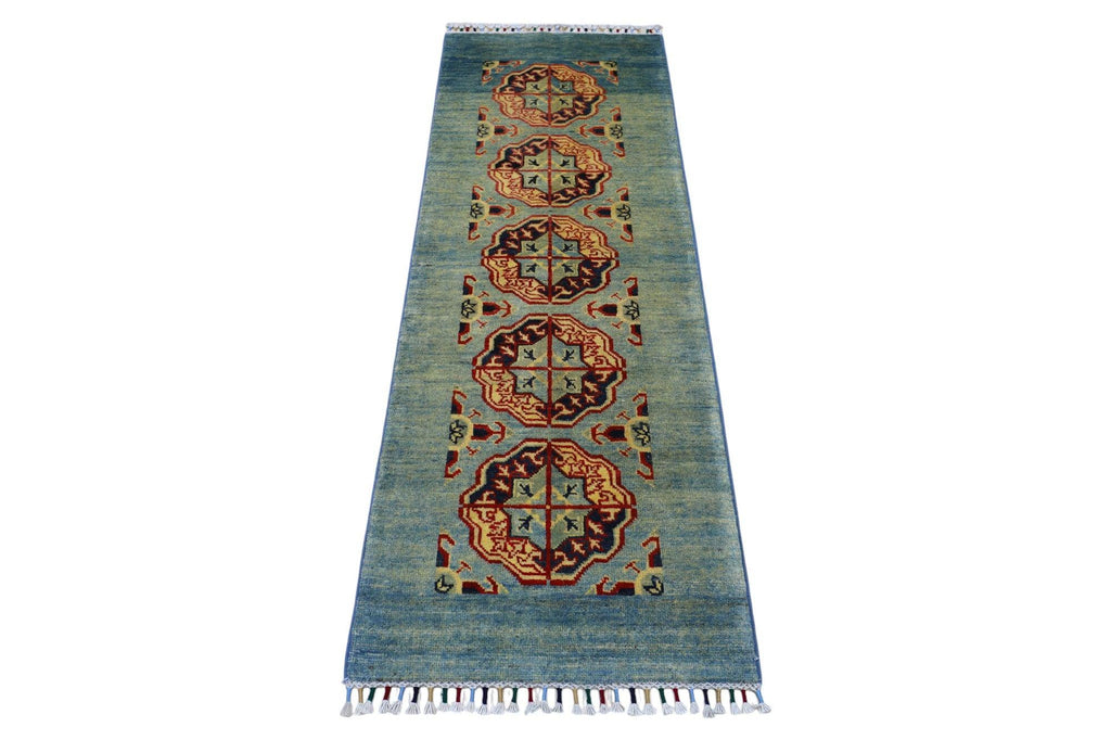 Hand-Knotted Kazak Afghani Wool Rug I Green 2' x 5'7"