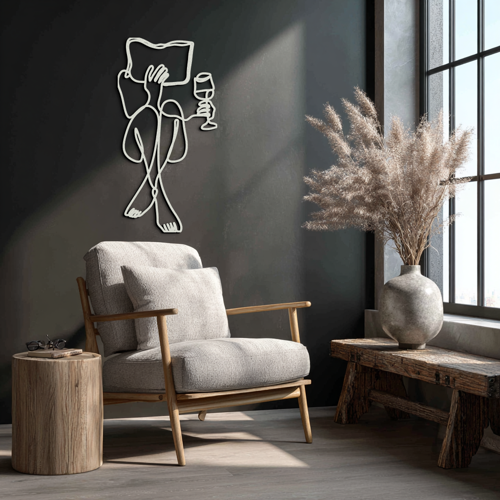 Reading & Wine Line Art Metal Wall Art - Minimalist Steel Wall Decor - KAF030